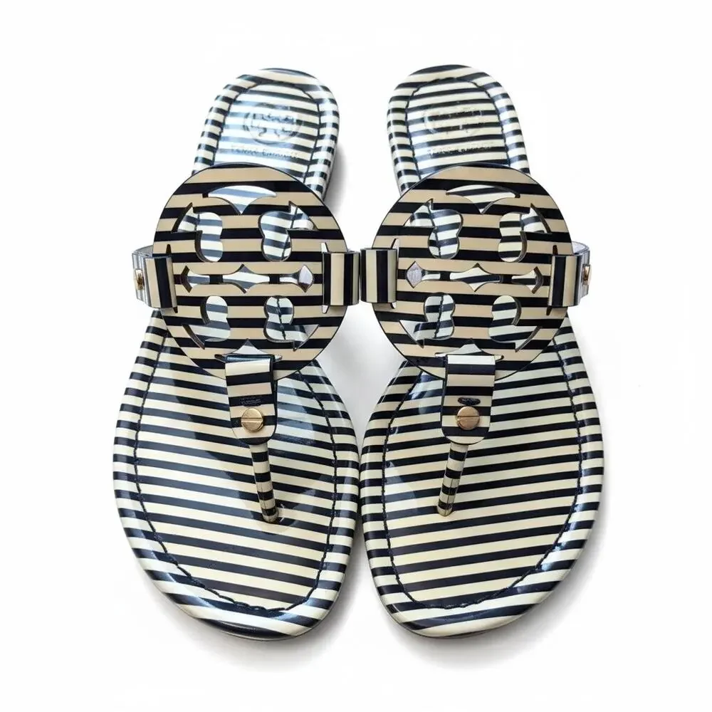 Tory Burch Miller Sandals Size 6 Navy Nautical Striped Patent Leather Thong